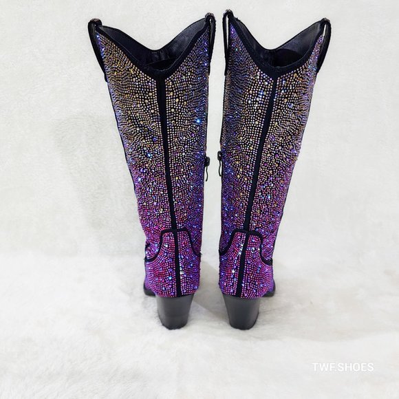 Western Glow Multi Purple Ombre Rhinestone Disco Cowgirl Knee Boots - Picture 8 of 17